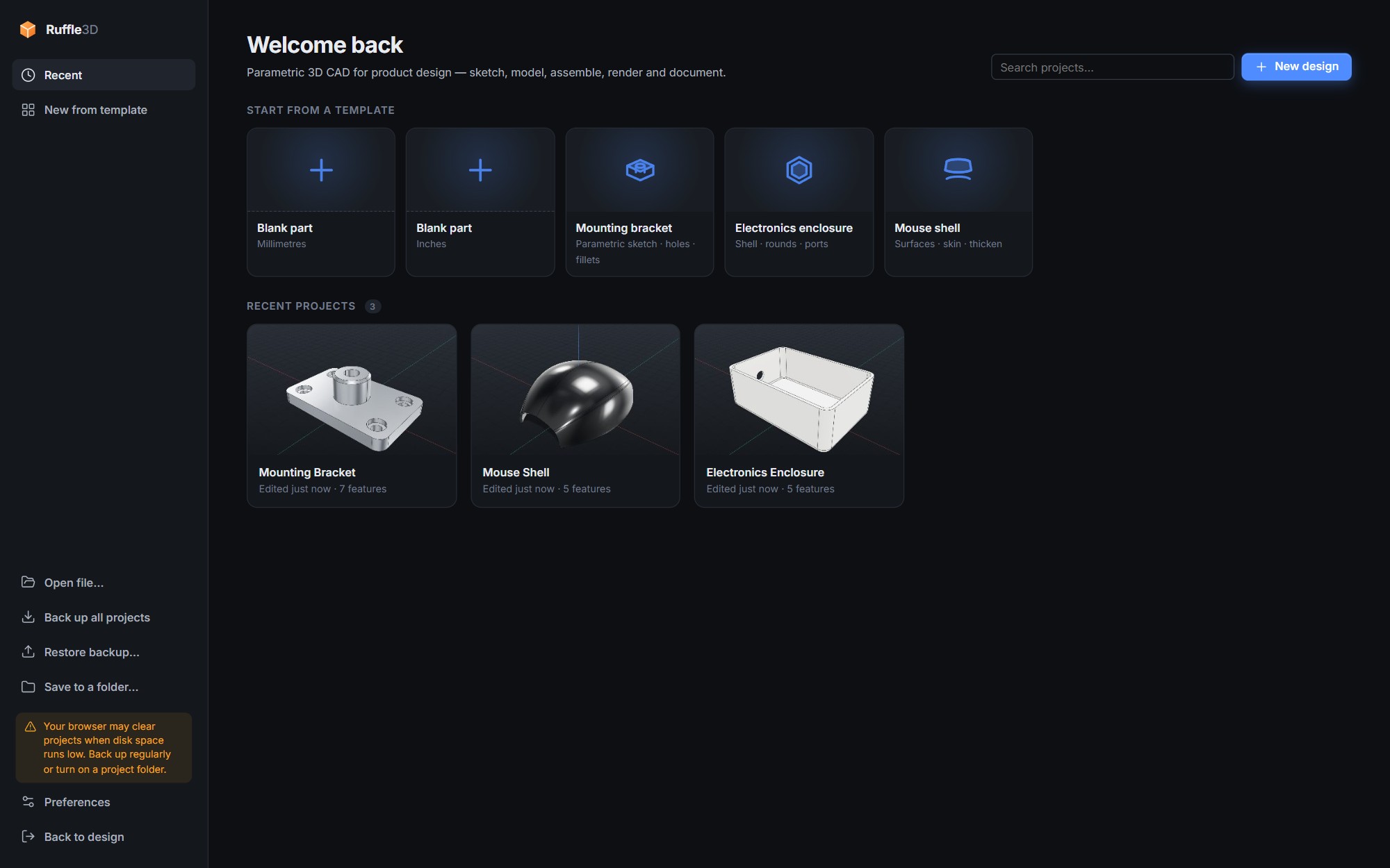 The Ruffle3D project dashboard