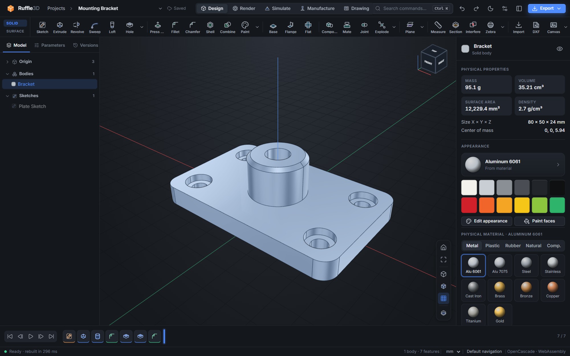 Ruffle3D modelling a parametric aluminium bracket, with the model tree, feature timeline and physical properties panel