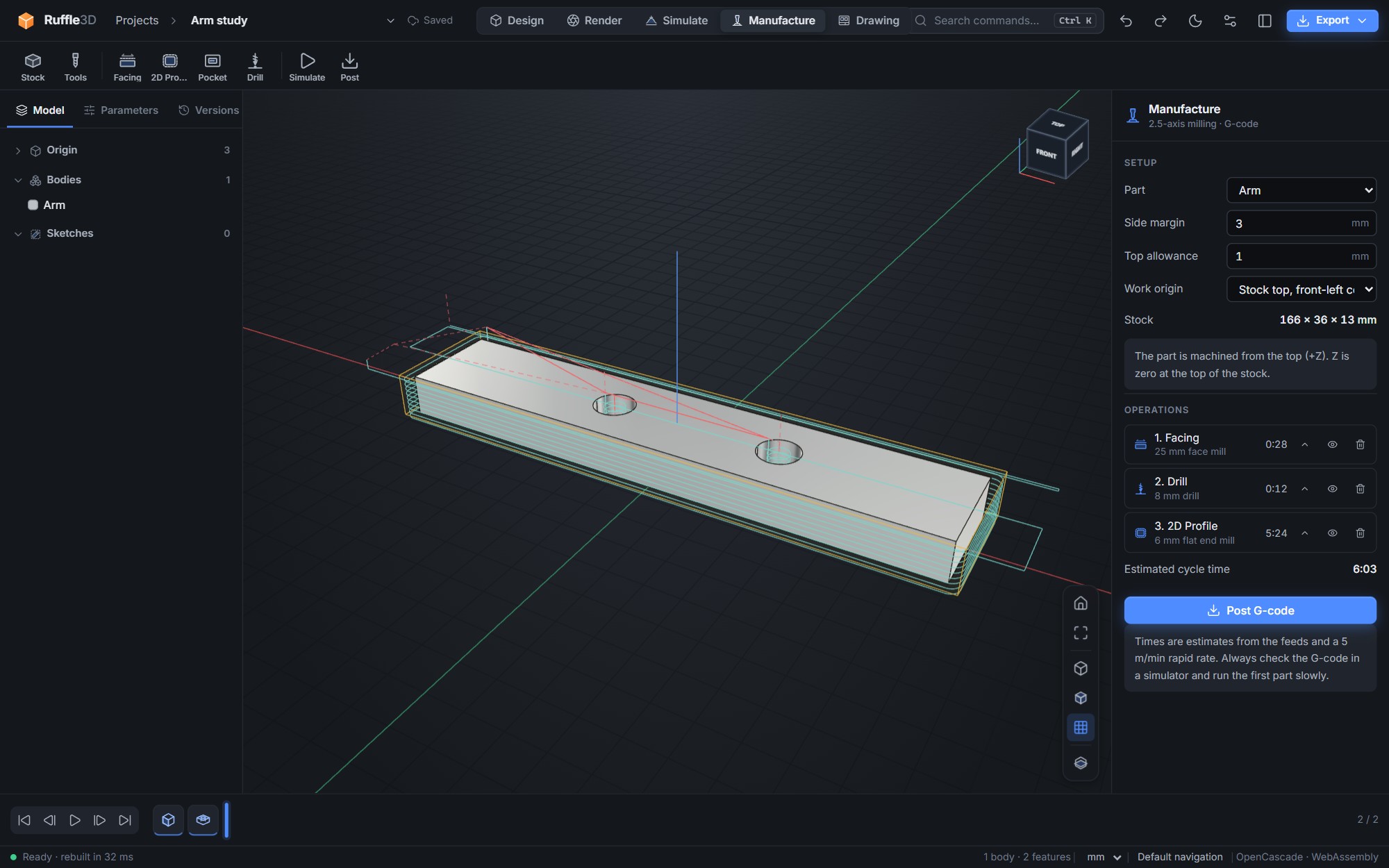 CNC toolpaths on a plate in the Manufacture workspace