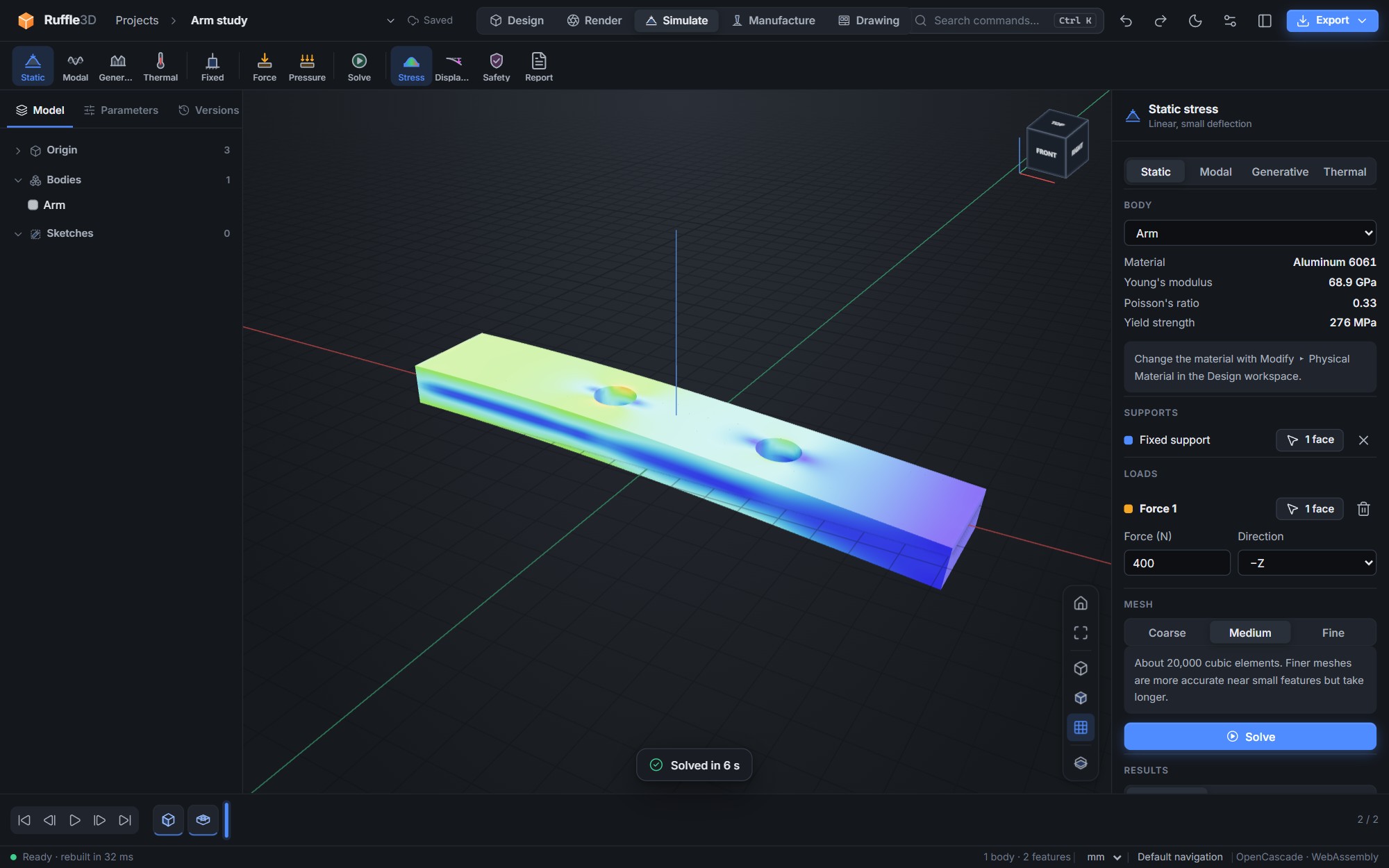 Von Mises stress on an aluminium arm in the Simulate workspace