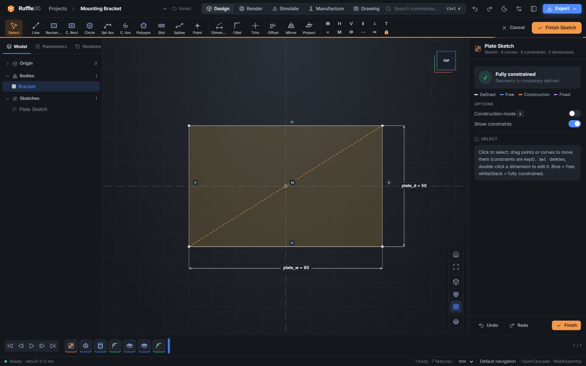 A fully constrained sketch with driving dimensions in Ruffle3D